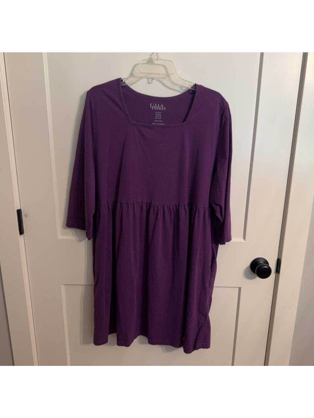 Ulla Popken Dress Plus 20/22 Purple Cotton Square Neck Lagenlook Pockets Comfy